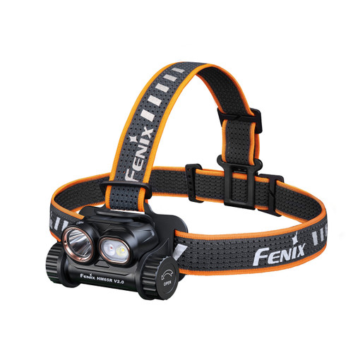 Fenix HM65R V2.0 headlamp with orange and grey reflective headband, angled view.