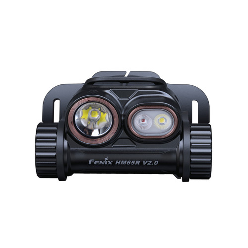 Front view of the Fenix HM65R V2.0 headlamp unit, showing dual LED lights.