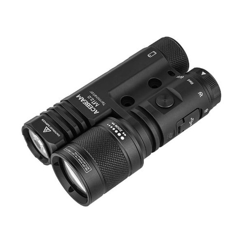 ACEBEAM M1 2.0 Terminator flashlight, angled view showing dual light sources, zoom, and controls.