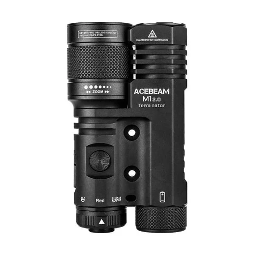ACEBEAM M1 2.0 Terminator flashlight, upright front view highlighting dual lights and controls.