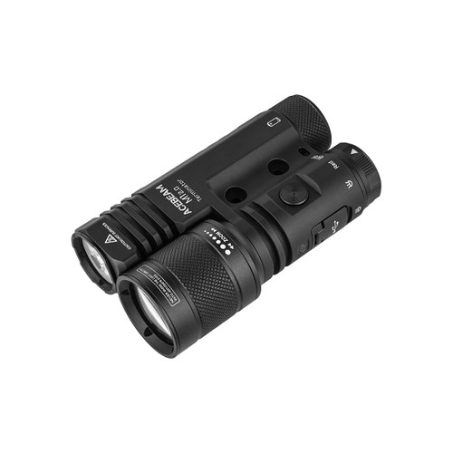 Acebeam Terminator M1 2.0 - 1.6km Zoomable LEP Spotlight and LED Floodlight with Red, angled view.