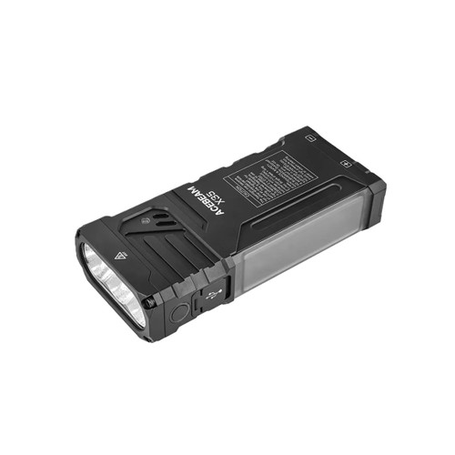 Acebeam X35 - 20000 Lumen USB-C Searchlight with RGB, top angled view showing USB-C port and LEDs.