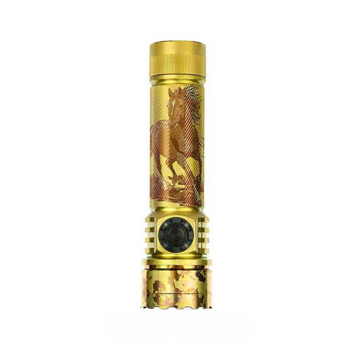 Acebeam E75 gold flashlight with a detailed horse engraving on the body, showcasing its unique design.