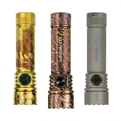 Three Acebeam E75 Titanium - Limited Edition Compact USB-C Rechargeable LED Torch variants: golden horse, purple zebra, and grey.