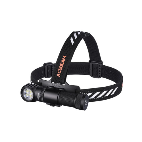 Acebeam H18 - 4000 Lumen Quick-detach Magnetic Headlamp on headband, angled view.