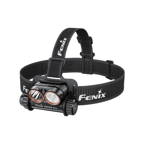 Fenix HM75R Pro - 3500 Lumen 398m Rechargeable Spot, Flood, and Red Magnesium Headlamp, front right angle view.