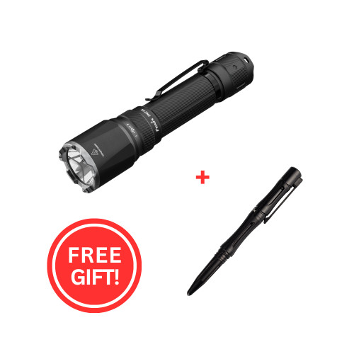 Fenix TK21R 3600 Lumens 480 metre Tactical LED Torch + Free T5 Pen, with "FREE GIFT!" badge.