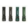 Four ACEBEAM E75 flashlights in black, grey, teal, and green, standing upright, showcasing color options.