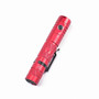 Red Wuben E12R flashlight viewed at an angle, highlighting the textured grip and pocket clip.