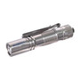 Angled view of a Pokelit AA Titanium flashlight with a pocket clip, showing the front bezel and textured body.
