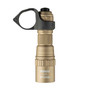 Vertical view of the tan Weltool W15 Flying Divinity tactical flashlight with black angled mount.