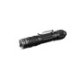 Black Weltool T2 tactical flashlight with pocket clip, showing knurled body and tail cap from an angled view.