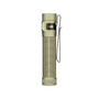 Olight Baton Ultra olive green flashlight standing upright, showing side with pocket clip.
