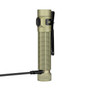 Olight Baton Ultra olive green flashlight connected to its magnetic charging cable.