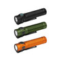 Three Olight Baton 4 Pro flashlights in black, green, and orange, angled view.