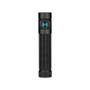 Black Olight Baton 4 Pro flashlight, straight on front view, highlighting the side button.