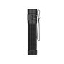 Black Olight Baton 4 Pro tactical flashlight standing upright, side view showing the two-way pocket clip.