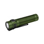 Green Olight Baton 4 Pro tactical flashlight with pocket clip, angled view showing head and side button.