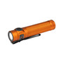Orange Olight Baton 4 Pro tactical flashlight with pocket clip, angled view showing head and side button.