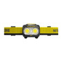 Nitecore UT27 headlamp in black with a yellow strap, shown head-on with its dual light sources.