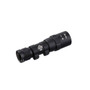 Weltool LH8 W35 tactical flashlight, black, showing the tail cap, rear body, and regulatory markings from an angle.