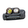 Fenix HM65R V2.0 headlamp unit from front-bottom angle, showing open charging port cover.