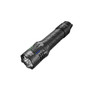 Nitecore P27ix tactical flashlight showing head, body, and tail cap from a top-down angle, with battery indicator.