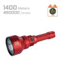 Acebeam T29 red flashlight, angled view, highlighting 1400 meters throw and 490000 candela.