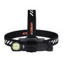 Acebeam H18 headlamp with black and white striped headband, showing the front view of the four bright LEDs.