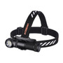 Acebeam H18 headlamp with headband, angled to reveal the side of the body and tail cap with a charging icon.