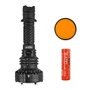 Acebeam P20 Mini tactical flashlight with orange filter and 6400 mAh 21700 rechargeable battery.