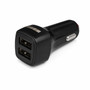 Black dual USB car charger with two ports, angled view, showing the brand logo.