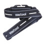 Weltool headlamp headband strap unfolded, showing the adjustable clip mechanism, logo, and reflective dashes.