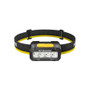 Front view of the nitecore Ha19 headlamp, showing its four main LEDs and black and yellow headband.