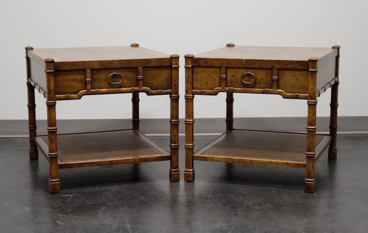Drexel Heritage Asian Inspired Faux Bamboo End Tables Pair