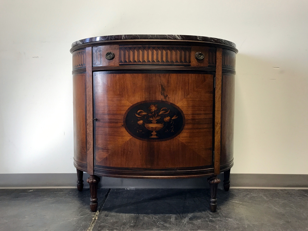 Sold Out Inlaid Marquetry Marble Top Demilune Console Chest