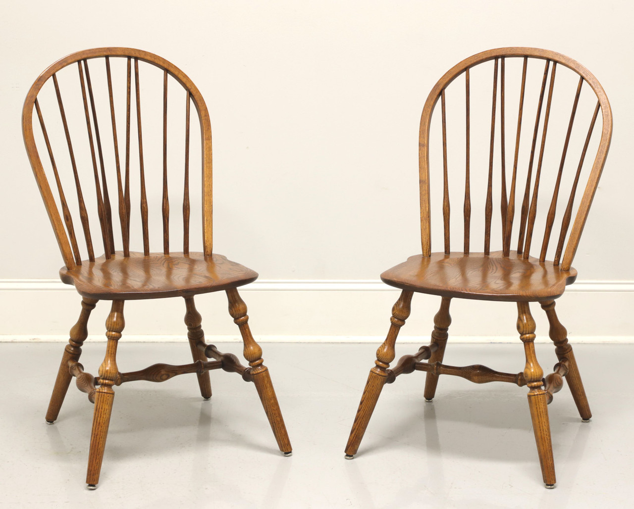 HALE Mid 20th Century Solid Oak Windsor Dining Side Chairs - Pair