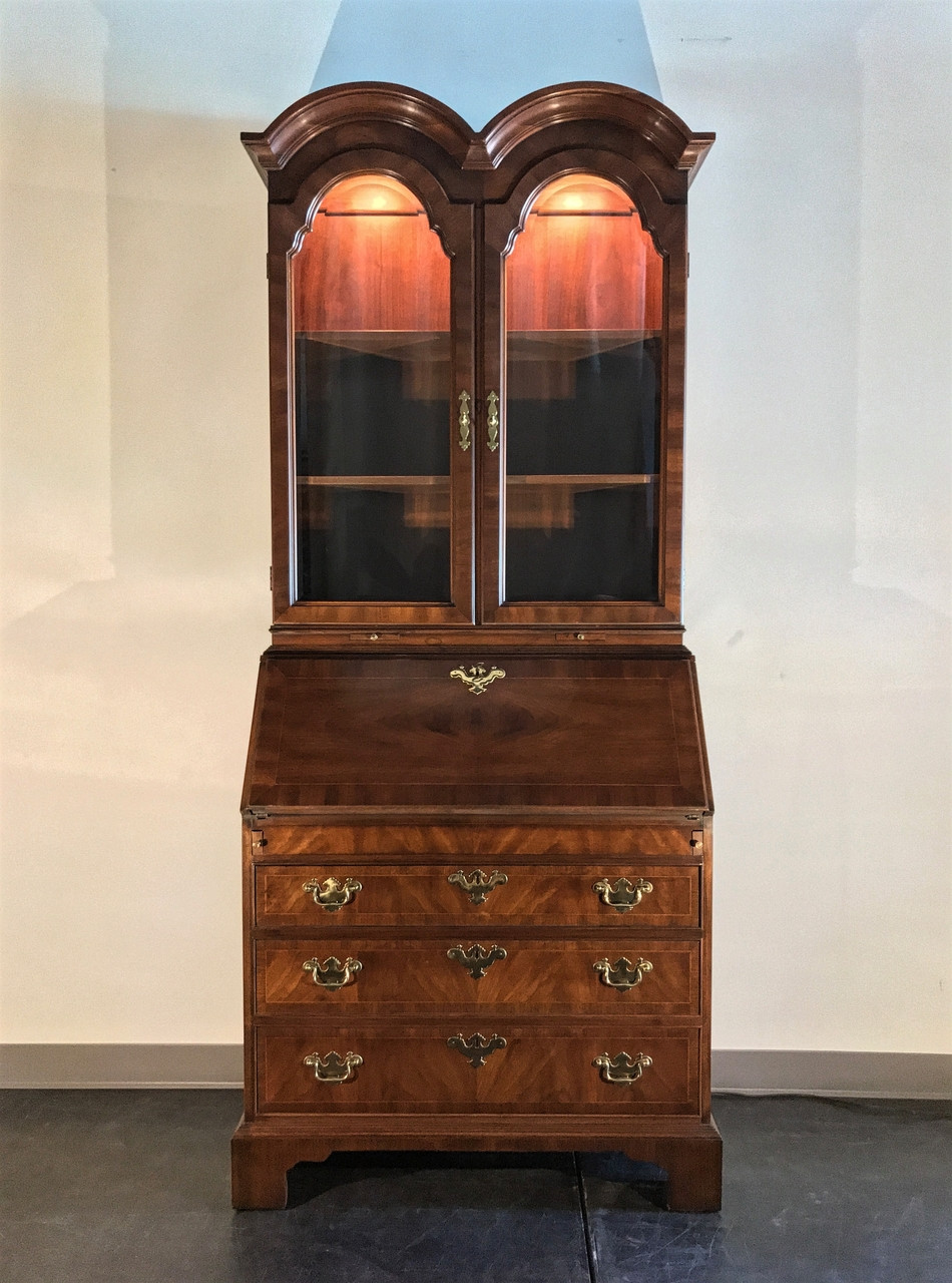 Vintage Chippendale Style Double Bonnet Secretary Desk In Crotch