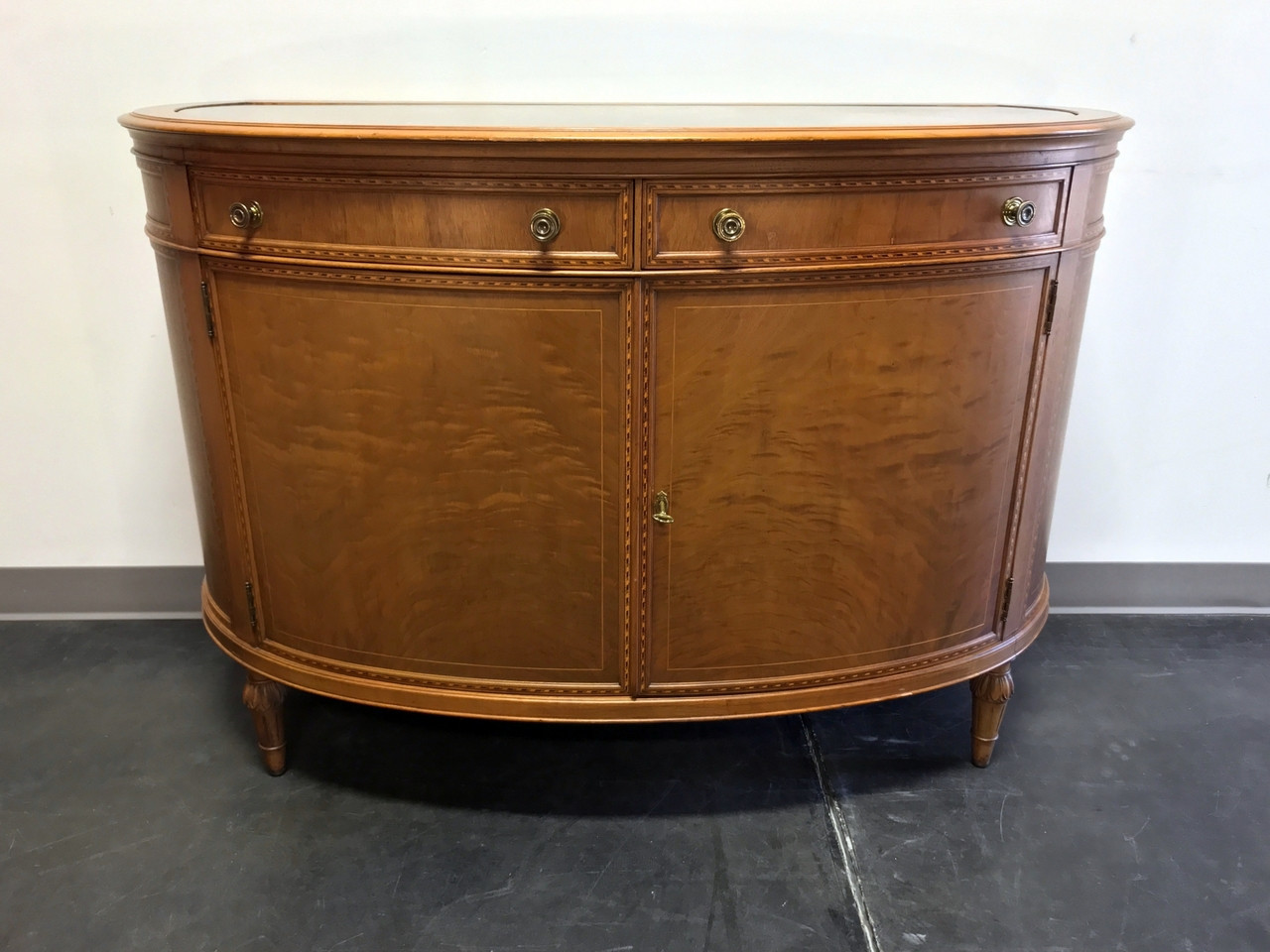 Vintage Inlaid Walnut Sheraton Style Marble Top Buffet Sideboard