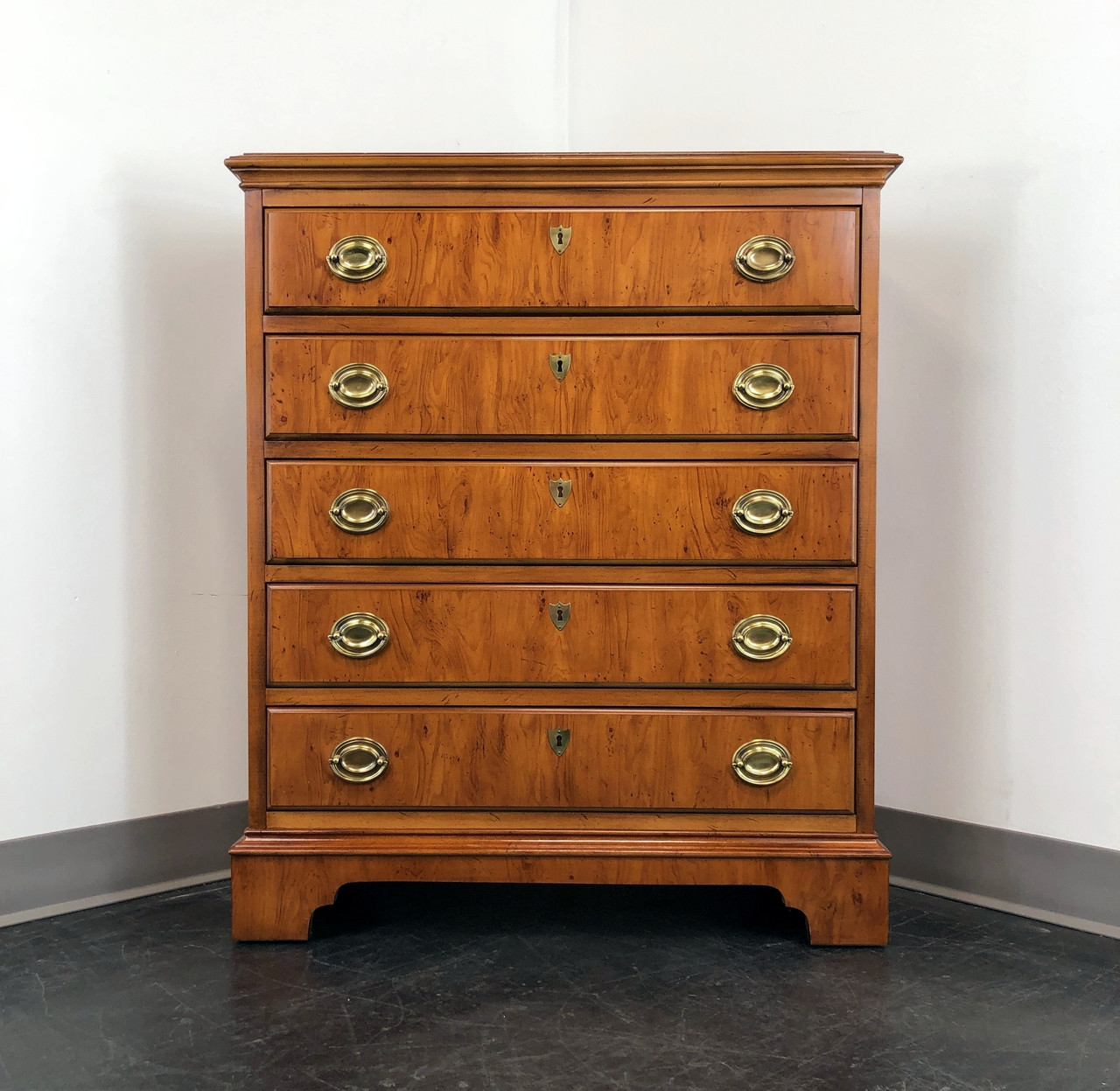Sold Drexel Heritage Yorkshire Georgian Style Yew Wood Narrow Bachelor Chest