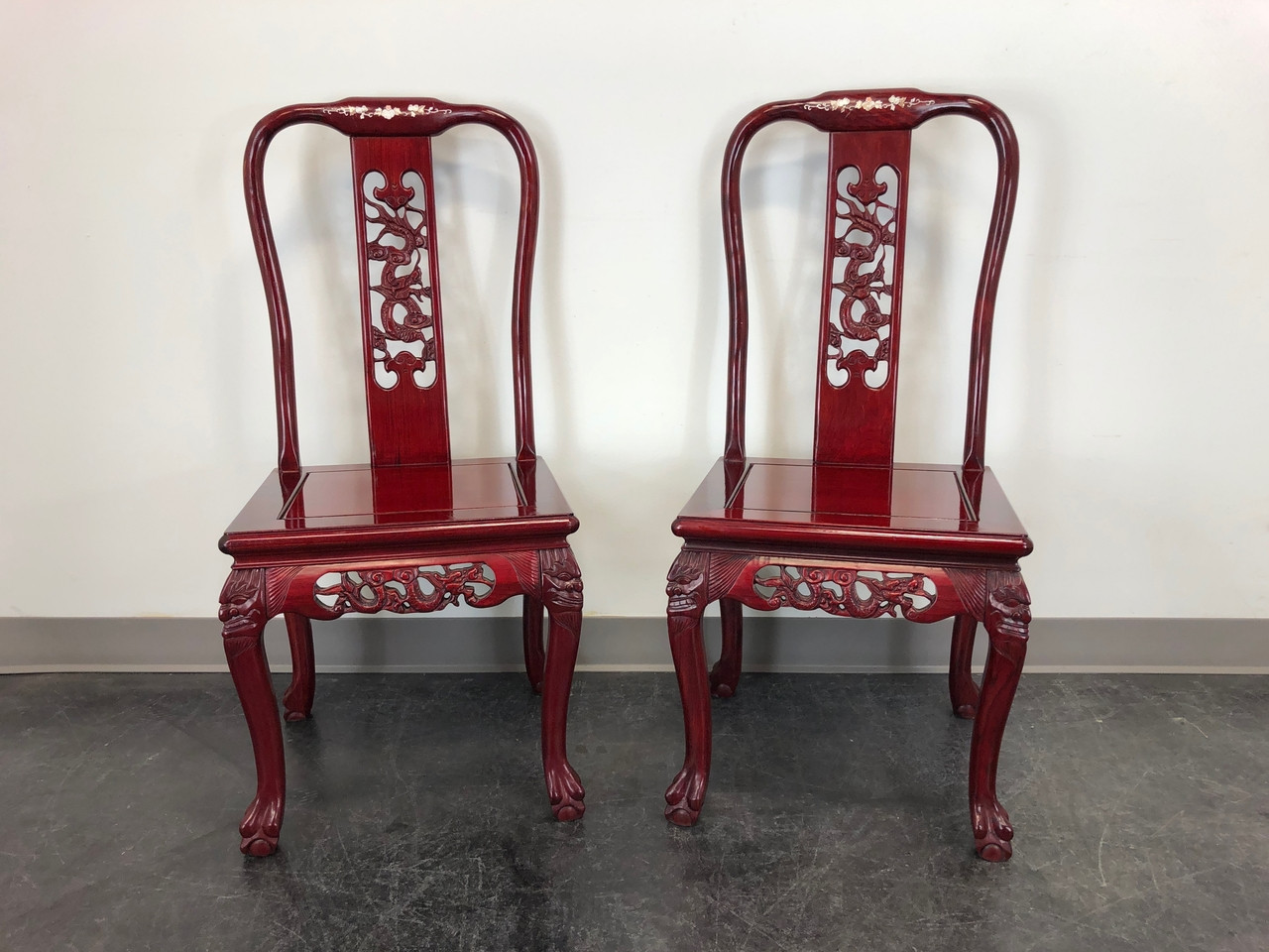 Chinese Carved Rosewood Mother Of Pearl Inlay Dining Side Chairs