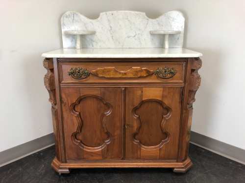 SOLD - Antique Victorian Walnut Marble Top Washstand Circa 1900