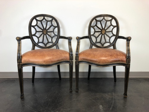 SOLD - Transitional Style Spider Web Back Armchairs with Leather Seats