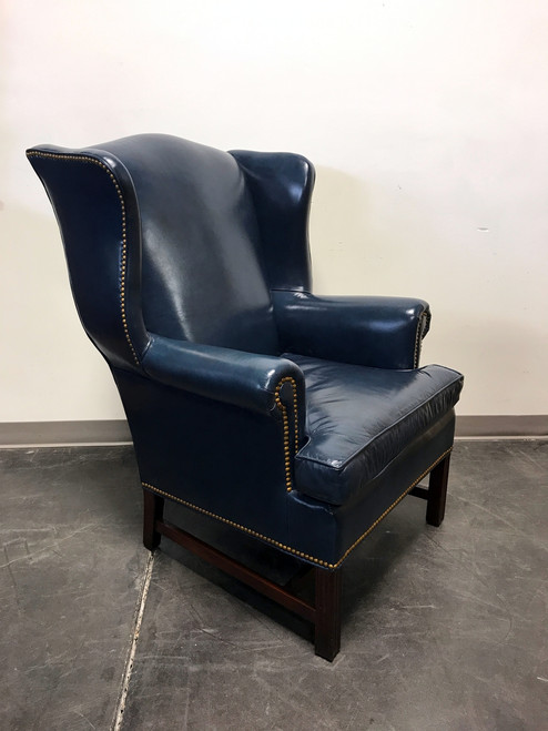 SOLD OUT - HANCOCK & MOORE Navy Blue Leather Chippendale Wing Back Chair with Nailhead Trim