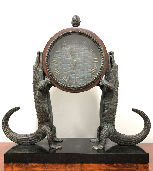 SOLD - MAITLAND SMITH Bronze and Marble Chiming Alligator Mantel Clock