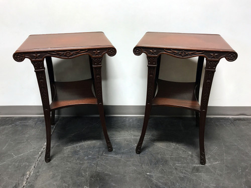 SOLD OUT - Carved Mahogany Two-Tier End Side Tables with Rolled Edge Leather Tops