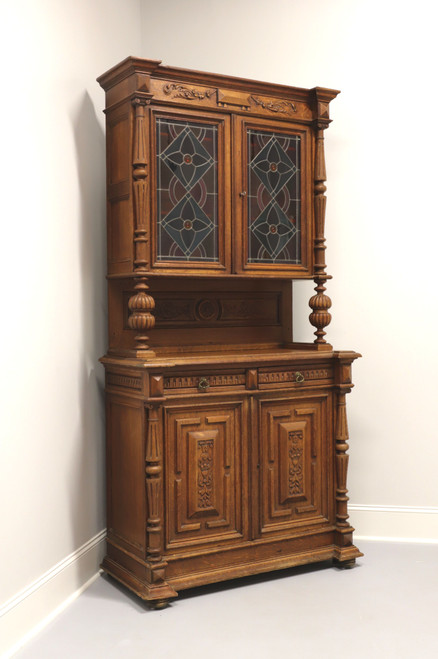 SOLD - Antique Circa 1900 Jacobean Carved Oak Stepback Cupboard with Stained Glass Doors