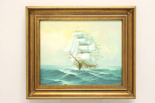 SOLD - Mid 20th Century Oil on Canvas Painting of a Schooner at Full Sail Signed Woolf