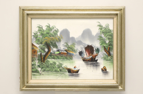 SOLD - Mid 20th Century Oil on Canvas Painting of an Asian River Scene Signed Tang