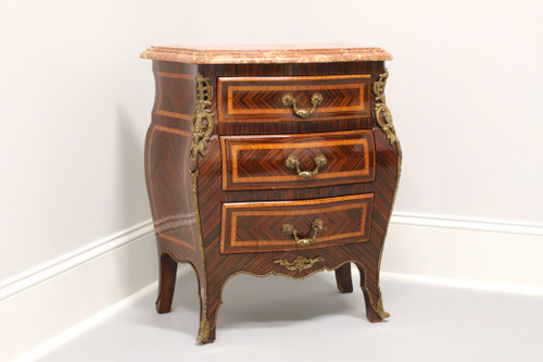 SOLD - Antique French Louis XV Inlaid Parquetry Marble Top Bombe Chest with Ormolu